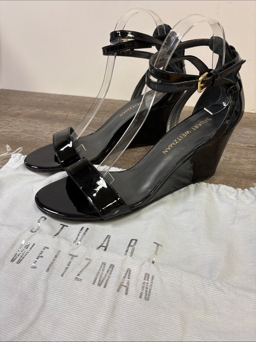 Stuart Weitzman Black Patent Leather Ankle Strap Wedge Sandals Size 9.5